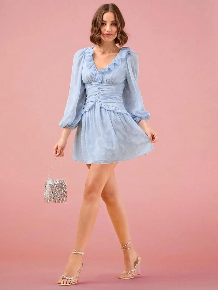 CM-DS820204 Women Elegant Seoul Style Solid Color Cutout Ruffle Trim Lantern Sleeve Dress - Baby Blue