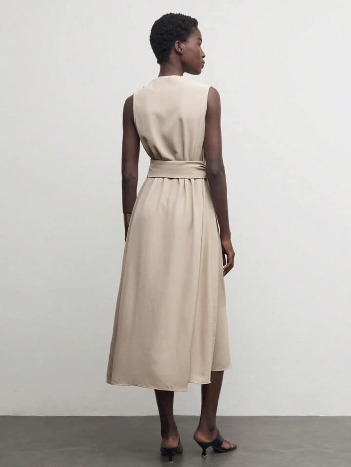 CM-DS667609 Women Elegant Seoul Style Stand Collar Sleeveless Long Belted Dress - Khaki