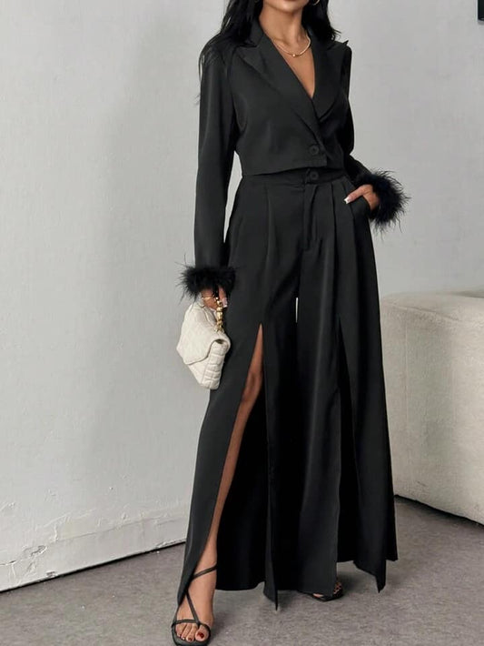 CM-SS121419 Women Elegant SeoulN Style Feather Cuff Blazer With Wide Leg Pants Suit - Set