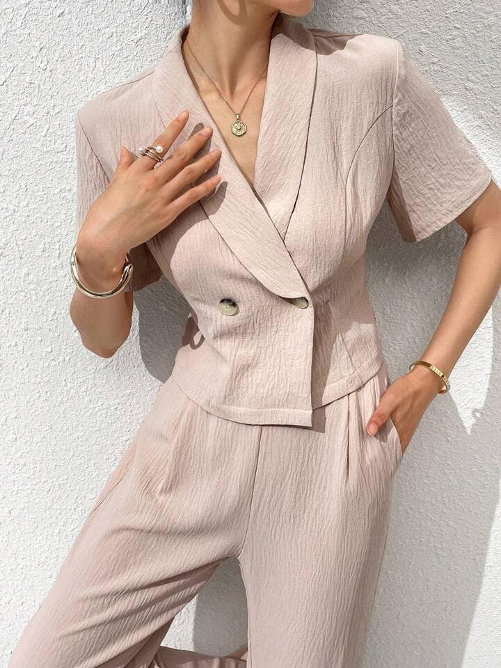 CM-SS209949 Women Casual Seoul Style Solid Color Lapel Short Sleeve Double-Breasted Top With Pleated Pants - Set