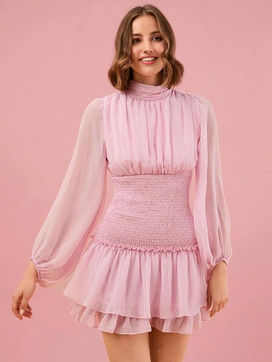 CM-DS037668 Women Elegant Seoul Style Stand Collar Long Sleeve Layered A-Line Mini Dress - Pink