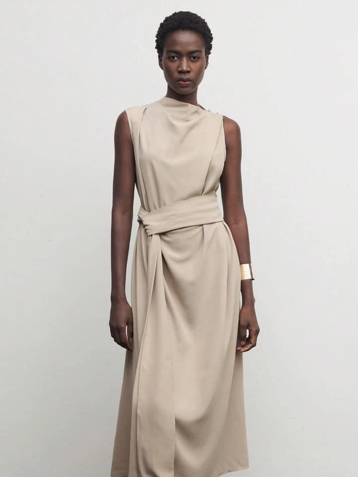 CM-DS667609 Women Elegant Seoul Style Stand Collar Sleeveless Long Belted Dress - Khaki
