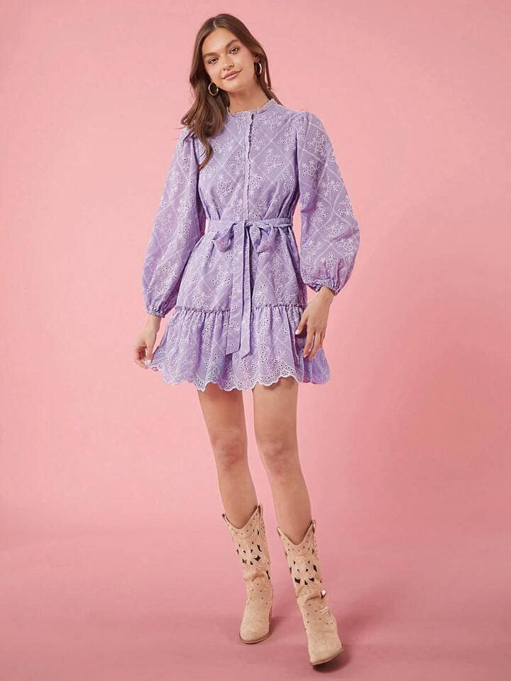 CM-DS323883 Women Elegant Seoul Style Embroidered Printed Dress With Belt Decoration - Mauve Purple