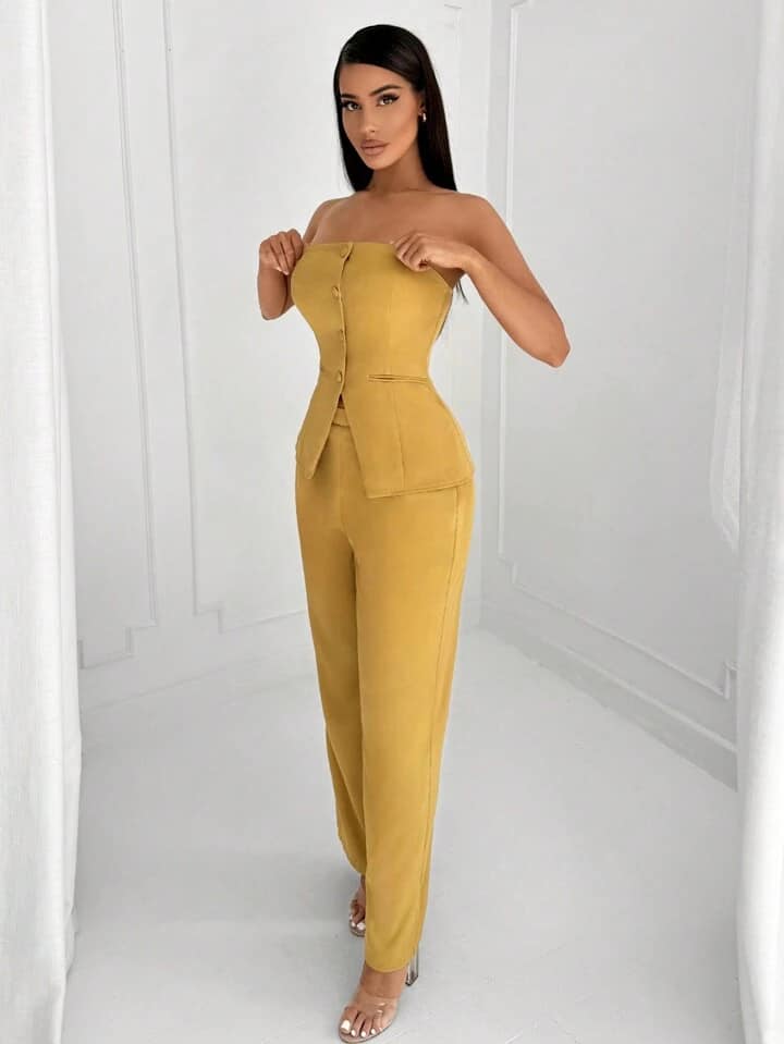 CM-SS797073 Women Elegant Soeul Style Off-Shoulder Suit-Style Top With Straight-Leg Pants - Set