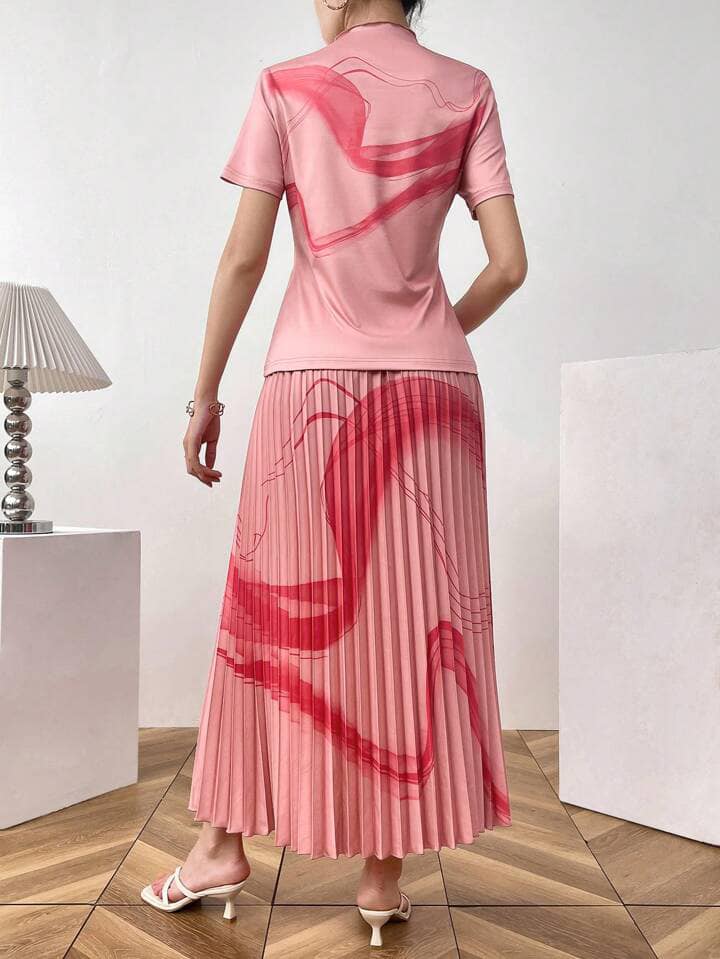 CM-SS700403 Women Casual Seoul Style Marble Print Short Sleeve Top With Long Pleated Skirt - Set