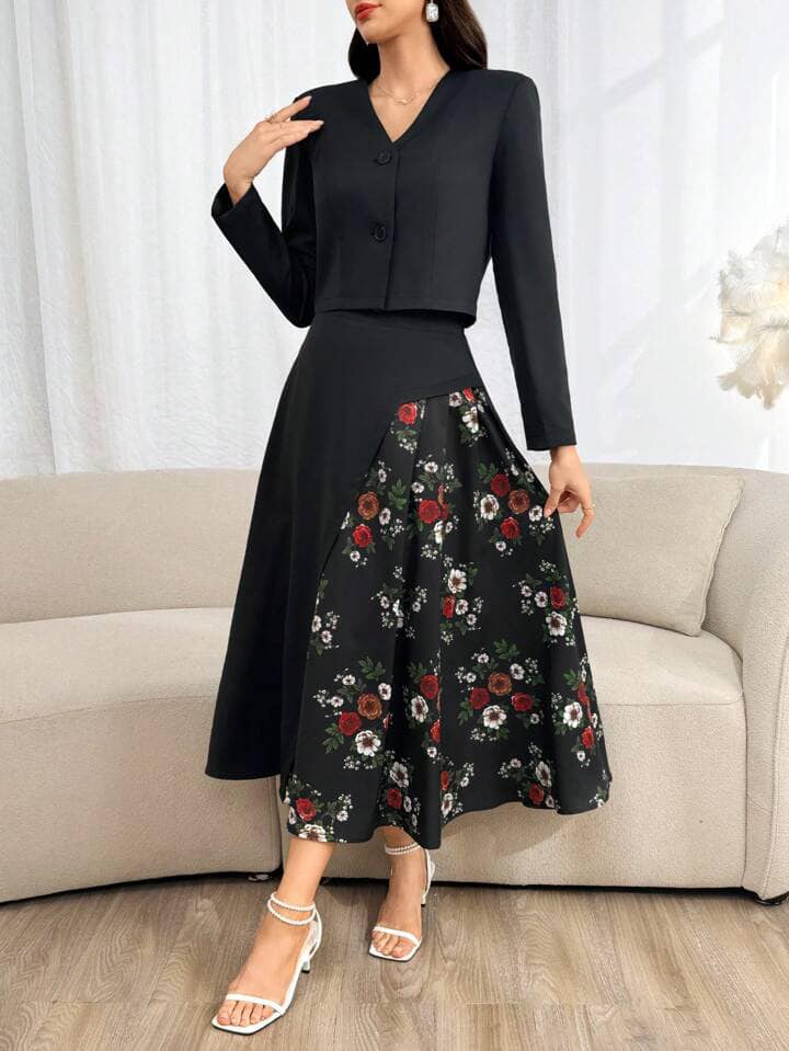 CM-SS230121 Women Elegant Seoul Style V-Neck Long Sleeve Coat With Floral Printed Splice A-Line Skirt - Set