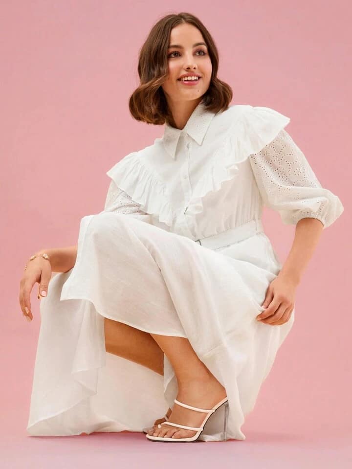 CM-DS333013 Women Elegant Seoul Style Ruffle Trim Lantern Sleeve Belted Shirt Dress - White