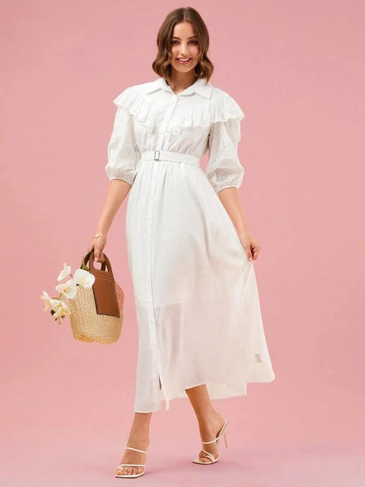 CM-DS333013 Women Elegant Seoul Style Ruffle Trim Lantern Sleeve Belted Shirt Dress - White