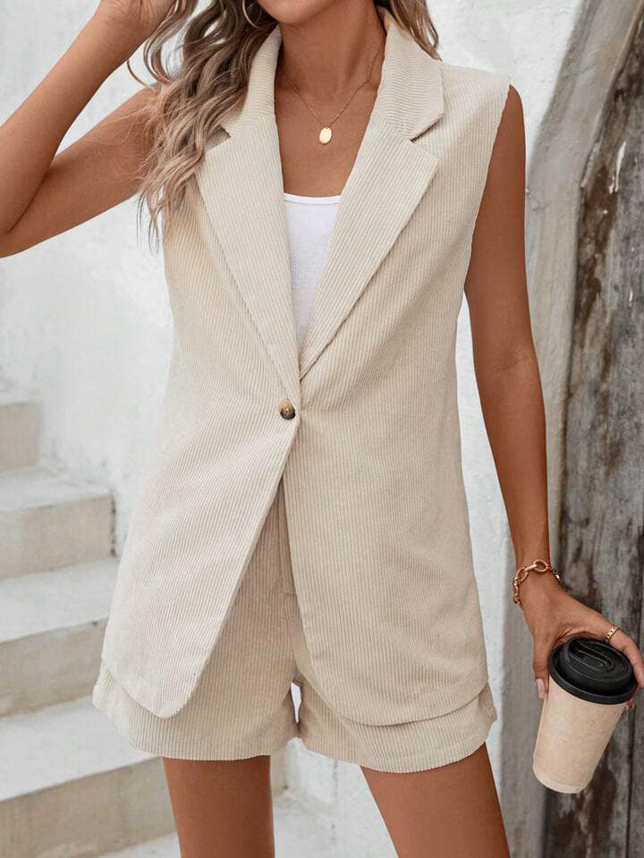 CM-SS231753 Women Elegant Seoul Style Corduroy Lapel Neckline Sleeveless Vest With Shorts - Set