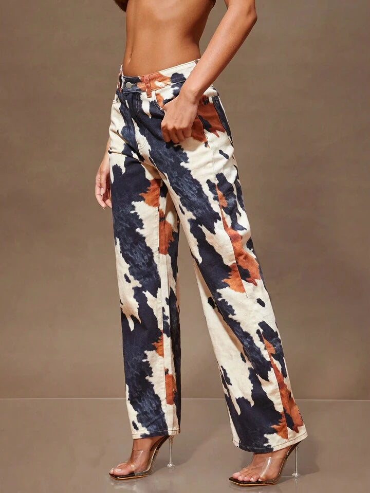CM-BS851046 Women Casual Seoul Style Low Rise Baggy Printed Dual Pocket Straight Leg Loose Denim Jeans