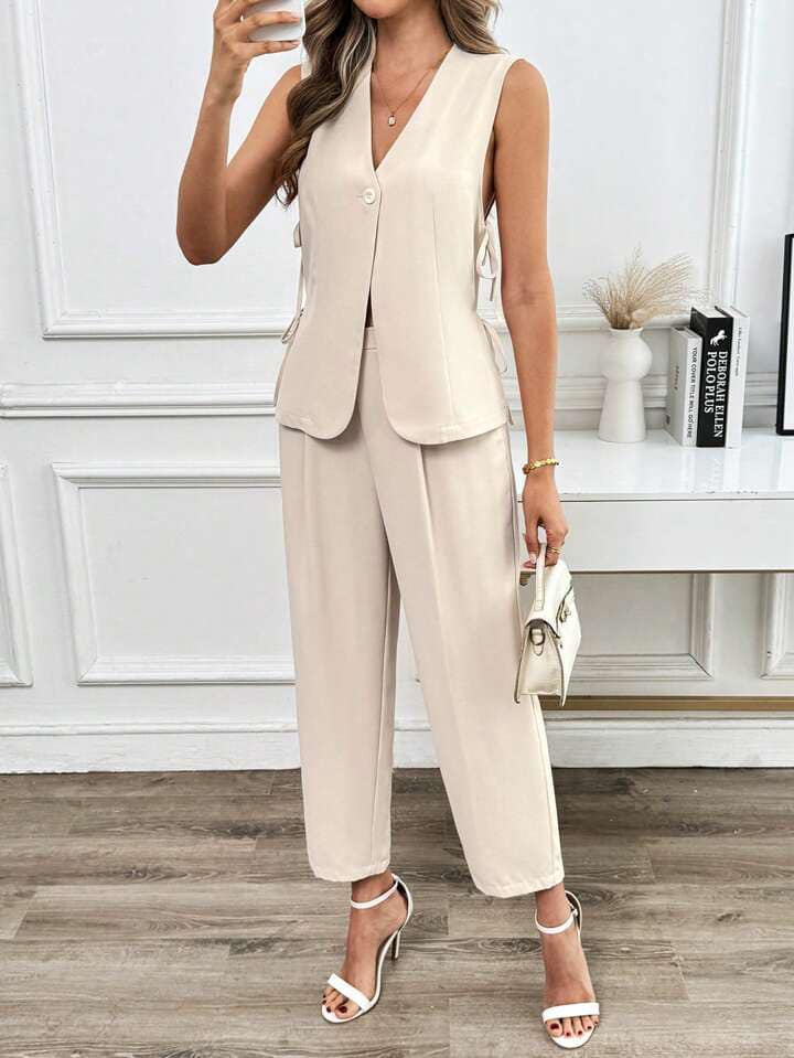 CM-SS244424 Women Elegant Seoul Style Sleeveless Vest Bow Tie Vest With Tapered Suit Pants - Set