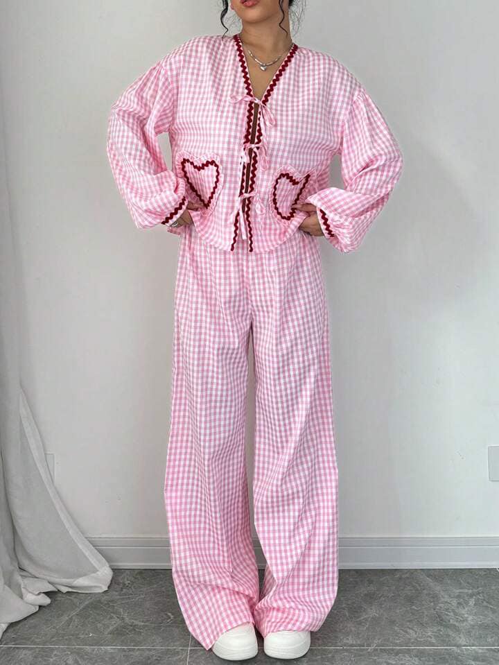 CM-SS333792 Women Casual Seoul Style Checkered Loose Heart Decor Weave Belt Bowknot Shirt With Pants - Set