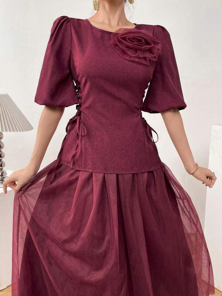 CM-SS173870 Women Casual Seoul Style Round Neck Applique Lace-Up Blouse With Long Skirt - Set