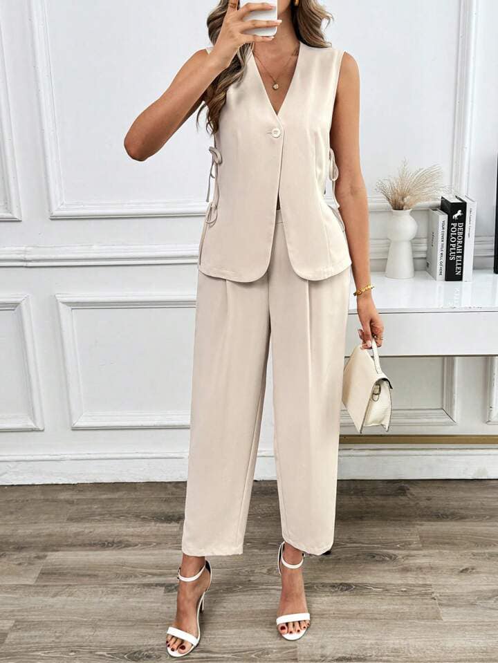 CM-SS244424 Women Elegant Seoul Style Sleeveless Vest Bow Tie Vest With Tapered Suit Pants - Set