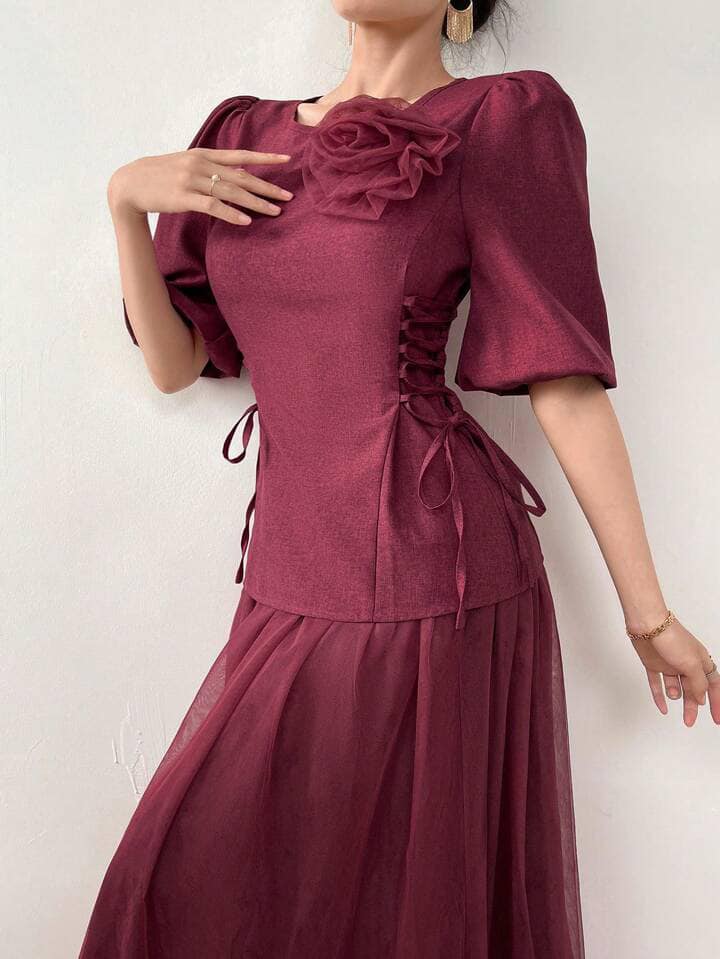 CM-SS173870 Women Casual Seoul Style Round Neck Applique Lace-Up Blouse With Long Skirt - Set