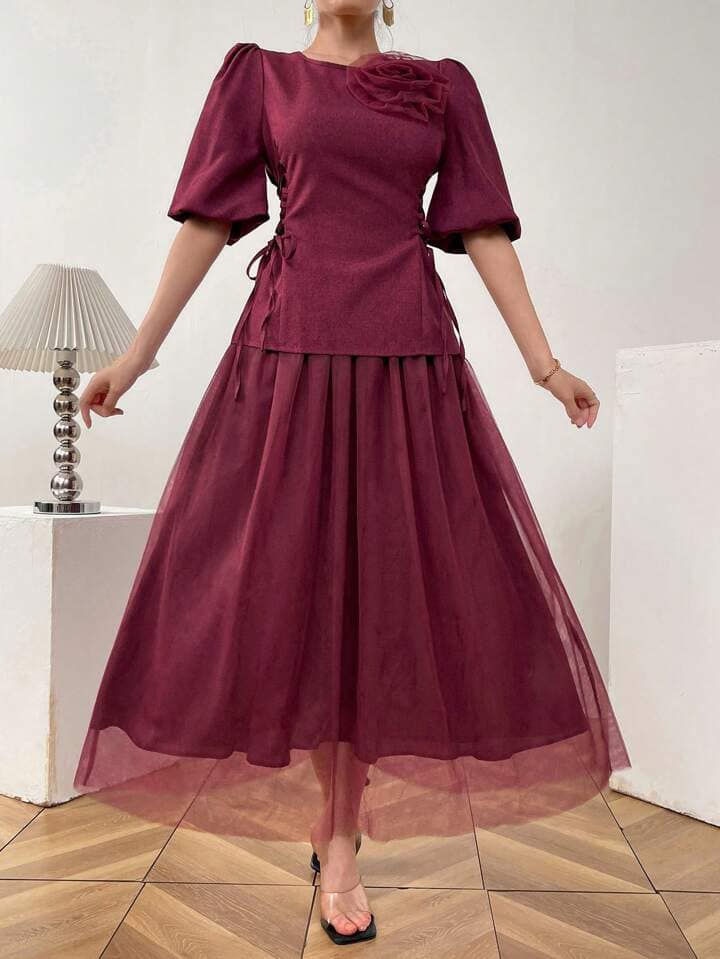 CM-SS173870 Women Casual Seoul Style Round Neck Applique Lace-Up Blouse With Long Skirt - Set