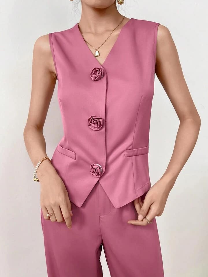 CM-SS185801 Women Elegant Seoul Style Solid Color Sleeveless Top With Long Pants Suit - Hot Pink