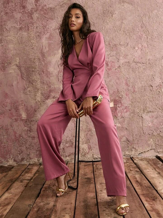 CM-SS757842 Women Elegant Seoul Style Solid Minimalist V-Neck Long Sleeve Blazer With Pants Suit - Set