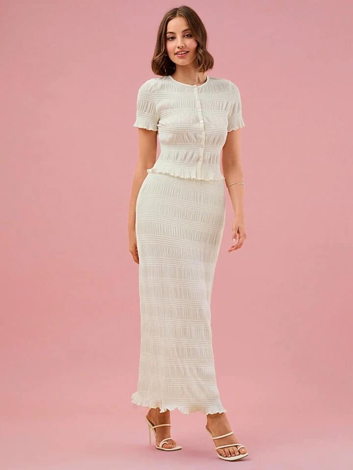 CM-SS639379 Women Elegnat Seoul Style Solid Color Round Neck Short Sleeve Shirt With Maxi Skirt - Set