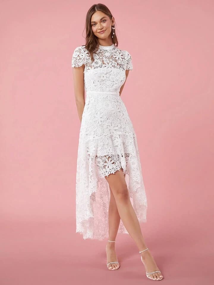 CM-DS280582 Women Elegant Seoul Style Lace Hollow Crew Neck Short Sleeve Long Dress - White
