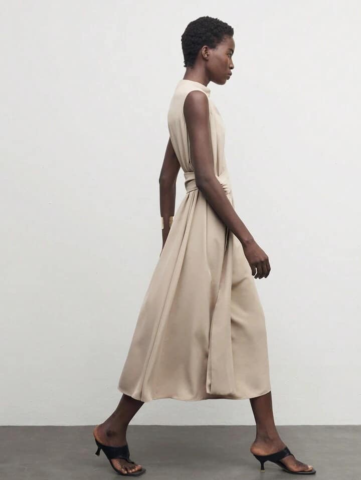 CM-DS667609 Women Elegant Seoul Style Stand Collar Sleeveless Long Belted Dress - Khaki