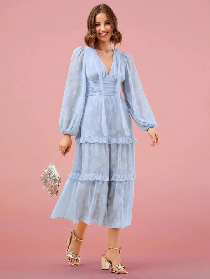 CM-DS366474 Women Elegant Seoul Style V-Neck Printed Long Sleeve A-Line Maxi Dress - Baby Blue
