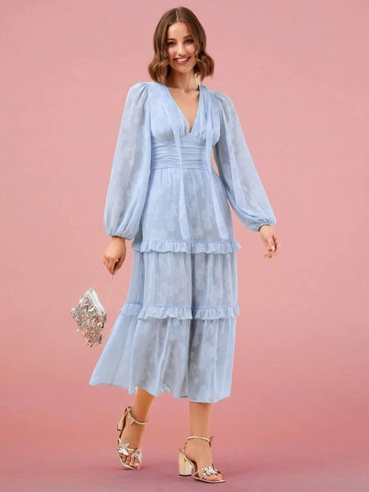 CM-DS366474 Women Elegant Seoul Style V-Neck Printed Long Sleeve A-Line Maxi Dress - Baby Blue