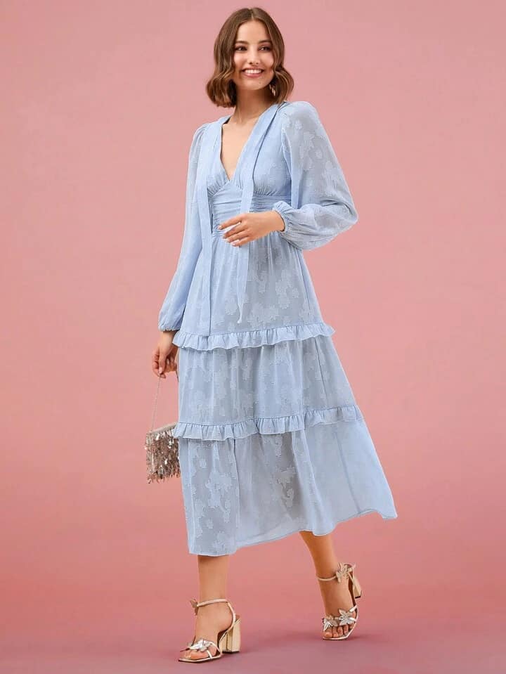 CM-DS366474 Women Elegant Seoul Style V-Neck Printed Long Sleeve A-Line Maxi Dress - Baby Blue