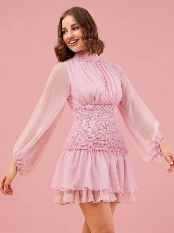 CM-DS037668 Women Elegant Seoul Style Stand Collar Long Sleeve Layered A-Line Mini Dress - Pink