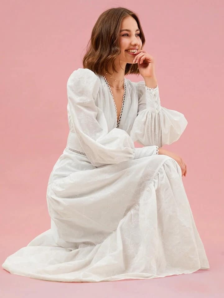 CM-DS463337 Women Elegant Seoul Style Plunging Neck Lantern Sleeve Ruffle Hem Dress - White