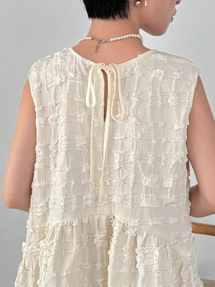 CM-DS445828 Women Trendy Bohemian Style Solid Round Neck Sleeveless Smock Dress - Beige
