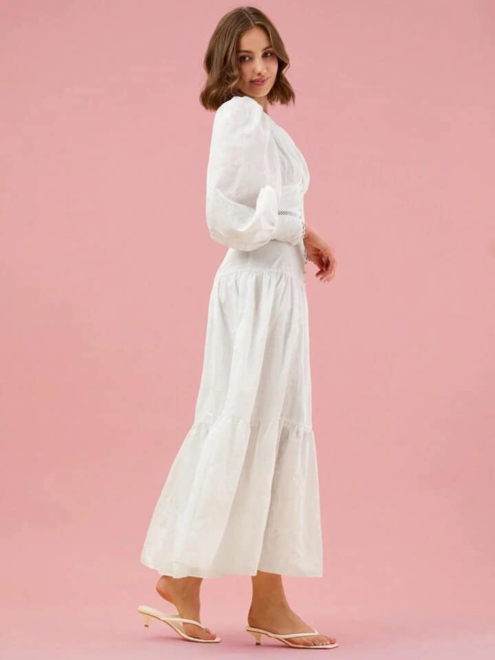 CM-DS463337 Women Elegant Seoul Style Plunging Neck Lantern Sleeve Ruffle Hem Dress - White