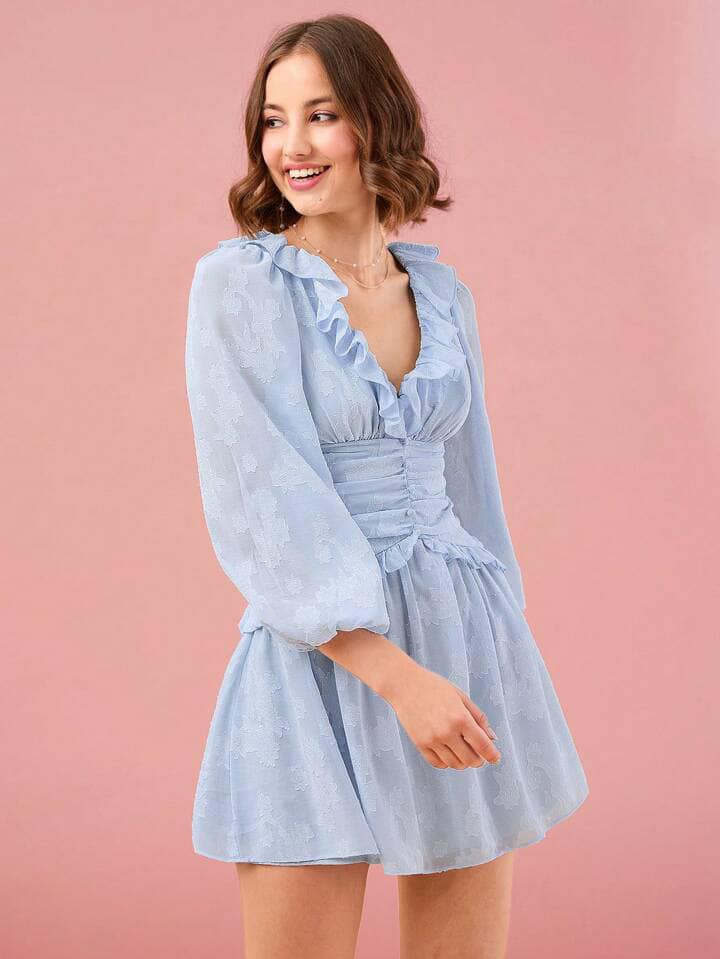 CM-DS820204 Women Elegant Seoul Style Solid Color Cutout Ruffle Trim Lantern Sleeve Dress - Baby Blue