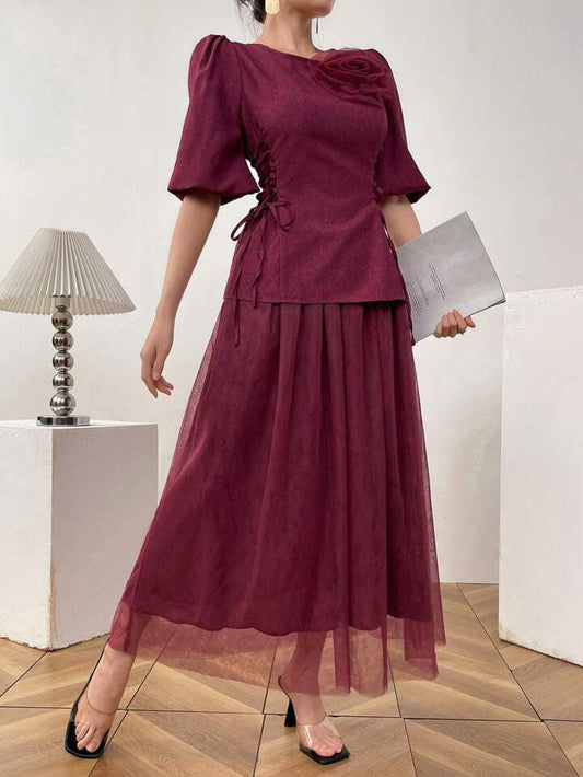 CM-SS173870 Women Casual Seoul Style Round Neck Applique Lace-Up Blouse With Long Skirt - Set