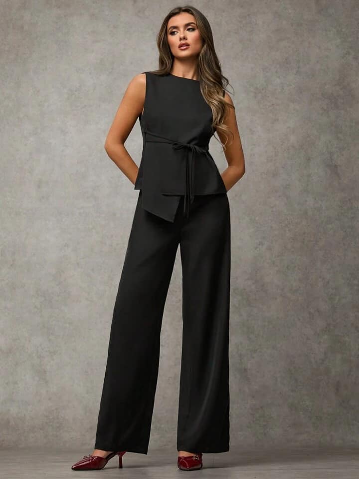 CM-SS216128 Women Elegant Seoul Style Round Neck Sleeveless Asymmetric Hem Vest Blazer With Pants - Set