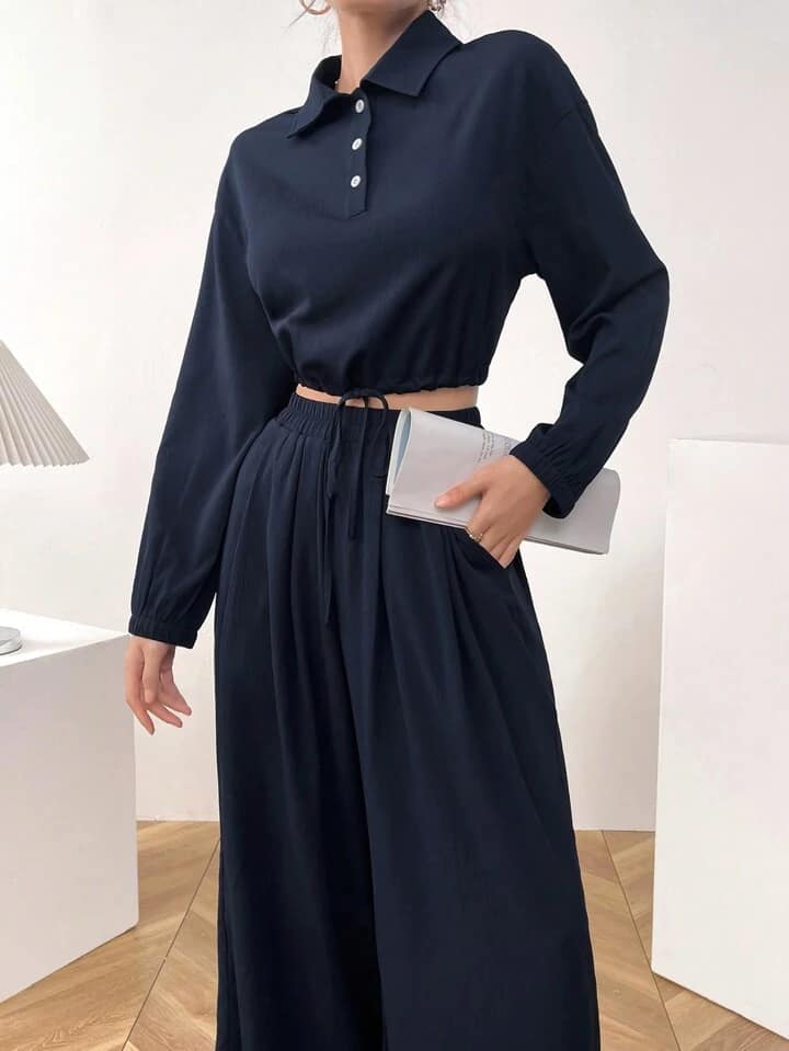 CM-SS399696 Women Casual Seoul Style Dropped Shoulder Long Sleeve Shirt With Elastic Waist Wide Leg Pants - Set