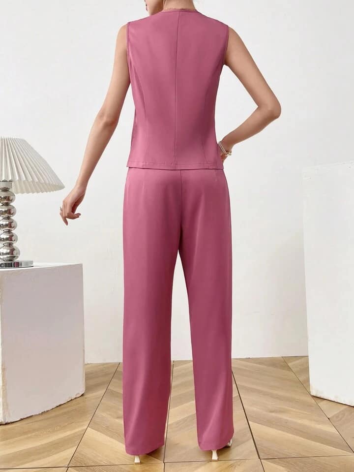 CM-SS185801 Women Elegant Seoul Style Solid Color Sleeveless Top With Long Pants Suit - Hot Pink