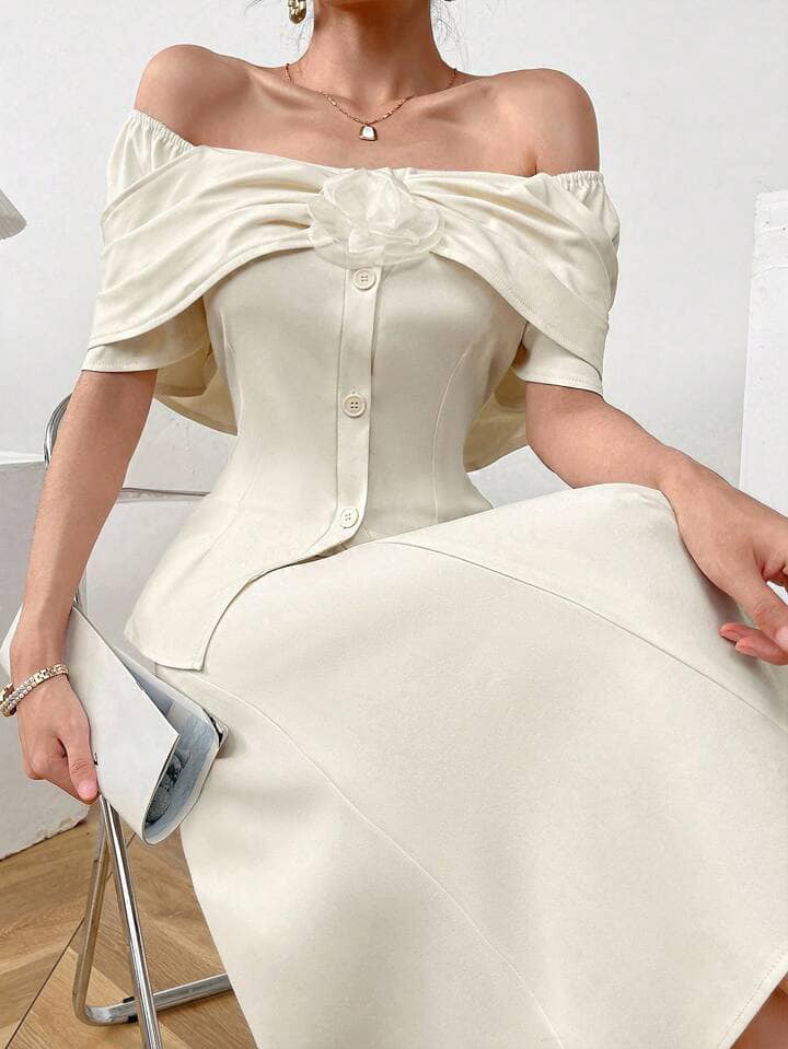 CM-SS181983 Women Elegant Seoul Style Solid Color Minimalist Off Shoulder Top With Midi Skirt - Set