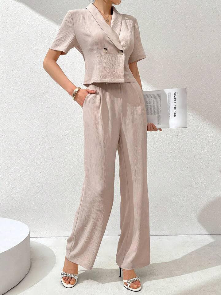 CM-SS209949 Women Casual Seoul Style Solid Color Lapel Short Sleeve Double-Breasted Top With Pleated Pants - Set