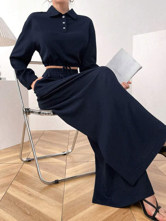 CM-SS399696 Women Casual Seoul Style Dropped Shoulder Long Sleeve Shirt With Elastic Waist Wide Leg Pants - Set