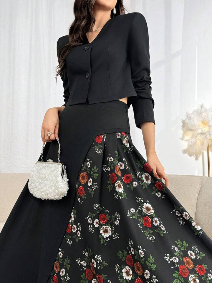 CM-SS230121 Women Elegant Seoul Style V-Neck Long Sleeve Coat With Floral Printed Splice A-Line Skirt - Set