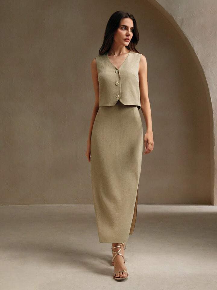 CM-SS559545 Women Elegant Seoul Style V-Neck Sleeveless Vest With Split Midi Skirt - Set