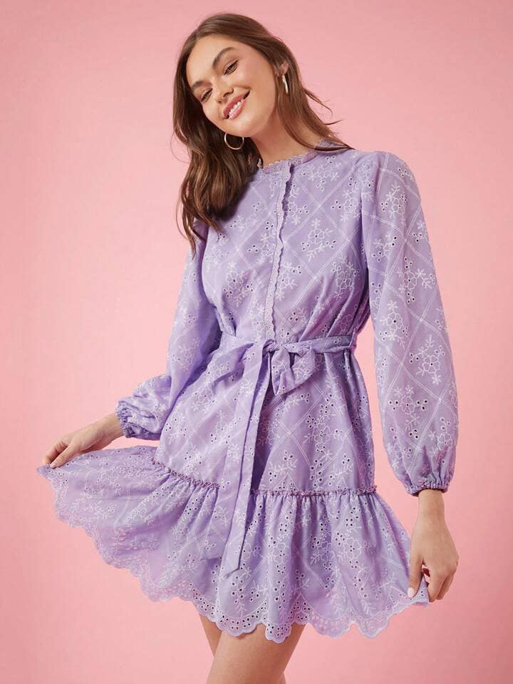 CM-DS323883 Women Elegant Seoul Style Embroidered Printed Dress With Belt Decoration - Mauve Purple