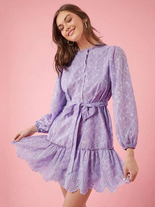 CM-DS323883 Women Elegant Seoul Style Embroidered Printed Dress With Belt Decoration - Mauve Purple