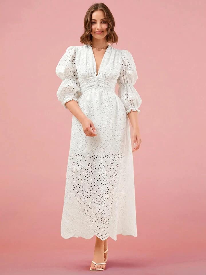 CM-DS052662 Women Elegant Seoul Style Solid Color Hollow Out Embroidery Puff Sleeve Dress - White