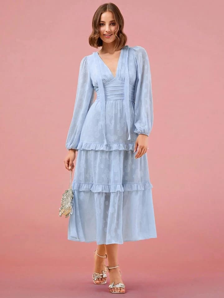 CM-DS366474 Women Elegant Seoul Style V-Neck Printed Long Sleeve A-Line Maxi Dress - Baby Blue