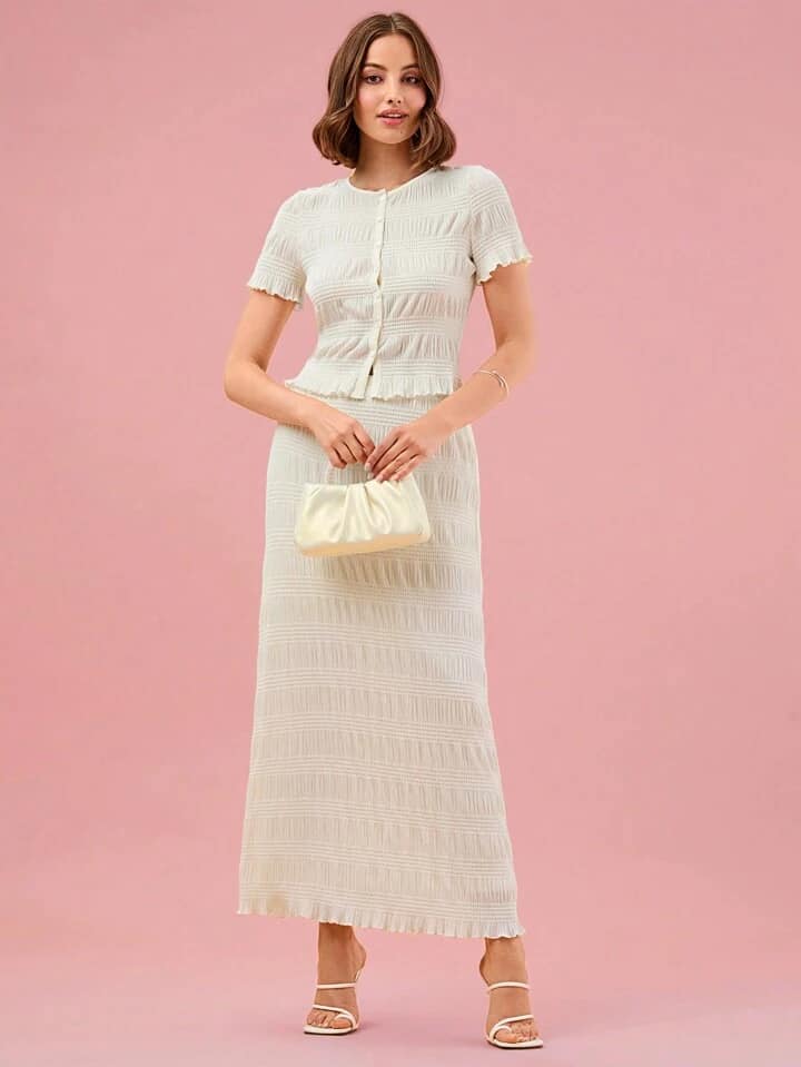 CM-SS639379 Women Elegnat Seoul Style Solid Color Round Neck Short Sleeve Shirt With Maxi Skirt - Set