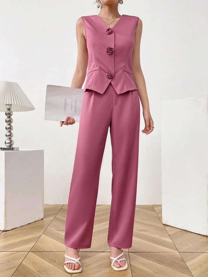 CM-SS185801 Women Elegant Seoul Style Solid Color Sleeveless Top With Long Pants Suit - Hot Pink