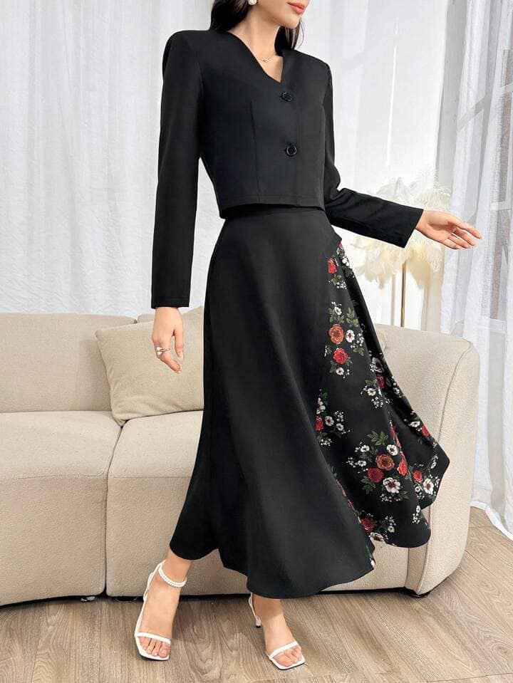 CM-SS230121 Women Elegant Seoul Style V-Neck Long Sleeve Coat With Floral Printed Splice A-Line Skirt - Set