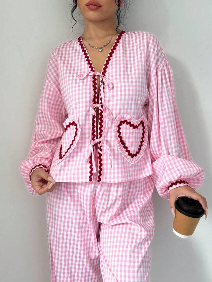 CM-SS333792 Women Casual Seoul Style Checkered Loose Heart Decor Weave Belt Bowknot Shirt With Pants - Set